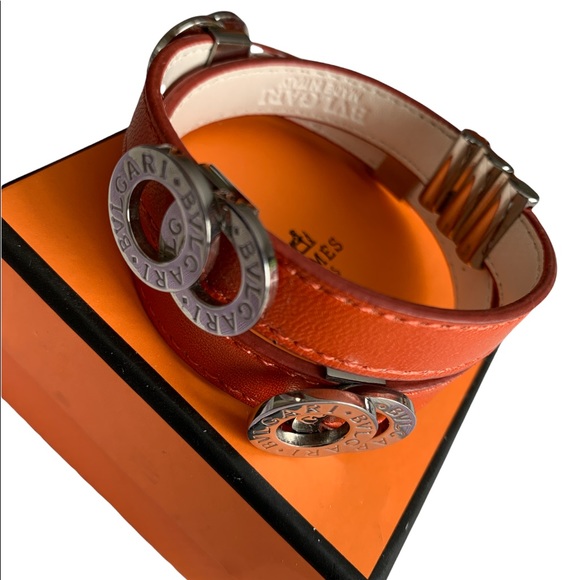 ❤️❤️❤️SOLD!!! Bvlgari Orange Leather Silver Tone Double Wrap Bracelet❤️❤️❤️ - Picture 3 of 9